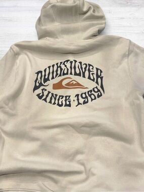 Quiksilver Men's Cream Zip-Up Hoodie with Brown & Black Logo